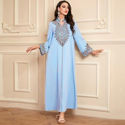 OBEEII Abayas for Women Muslim Applique Embroidery Long Sleeve Maxi Dress Loose Full Cover Islamic Dubai Robe Kaftan Abayas - color: Sky Blue, size: Small