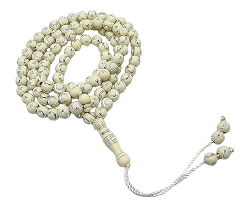 Muslim Tasbih 99 Beads AMN-238B Islam Prayer Rosary Moon Star Image Islamic Worship Prayer Misbaha Ceremony Religious Eid Ramadan Gift (Cream) - color: Cream