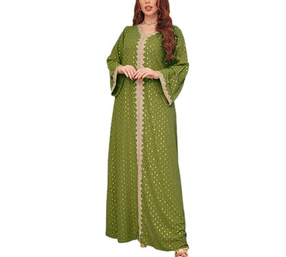 FPOVFPO Women's Muslim Abaya One-Piece V Neck Bronzing Dress Islamic Full Length Kaftan Daily Casual - color: Army Green, size: XX-Large