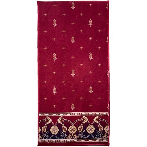 Modefa Turkish Islamic Luxury Prayer Carpet - Large Plush Velvet Rolled Kilim Rug - Thick Janamaz for Men & Women Ramadan or Eid Gift with Tesbih Prayer Beads & Kufi (Floral Red)
