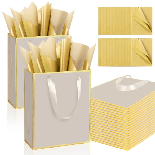 Epoesch 24 Pack Gift Bags with Handles & 24 Tissue Papers – 8x5x10 Inches - color: Champagne Gold, size: 1 Count (Pack of 24)