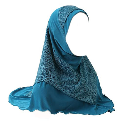 Women Soft One Piece Hijab Long Muslim Turban Islamic Full Head Scarf - color: Lace/Blue