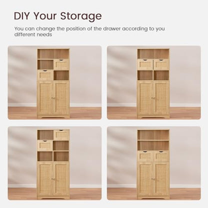 Iwell Tall Storage Cabinet, Rattan Cabinet with 2 Drawers & Adjustable Shelf, Kitchen Pantry Storage Cabient, Entryway Cabinet for Living Room, Dining Room, Home Office, Natural - color: Natural, 2 Drawers
