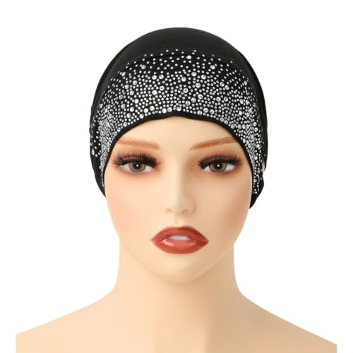 Muslim Hijab Undercap Rhinestone Embellished Turban Head Wrap for Women Jersey Inner Cap with Ear Holes - color: Black