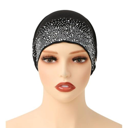 Muslim Hijab Undercap Rhinestone Embellished Turban Head Wrap for Women Jersey Inner Cap with Ear Holes - color: Black