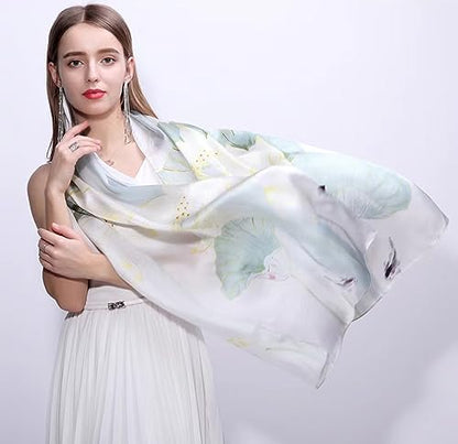 ANDANTINO 100% Silk Long Scarf-Women Large Oblong Shawls with Gift Packed - color: Light Green&white Lotus