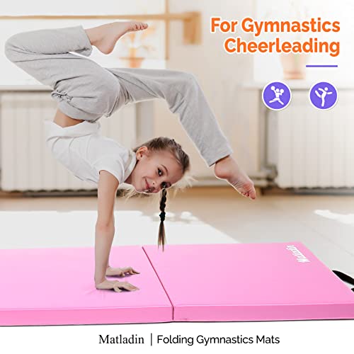 Matladin 8' Folding Gymnastics Gym Exercise Aerobics Mat, 8ft x 2ft x 2in PU Leather Tumbling Mats with Hook & Loop Fastener for Stretching Yoga Cheerleading Martial Arts - color: Pink