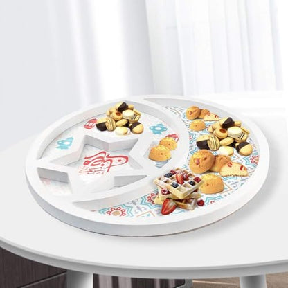 Ramadan Decorative Serving Tray, 11.8 inch Round Dessert Platter, Islamic Festival Moon Star Design, White