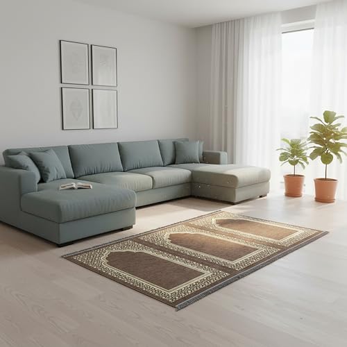 Muslim Thin Chenille Islamic Prayer Mat - Selcuk Star 3 Person (Beige) - color: Beige