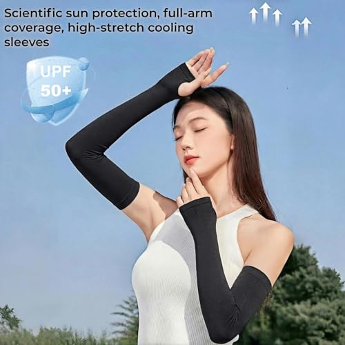 Cooling Arm Sleeves with Thumb Hole for Men & Women, UV Sun Protection Compression Sleeves for Outdoor - color: Black