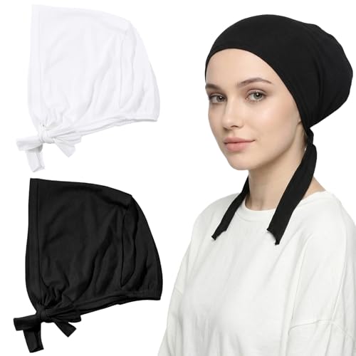 Tyqour 2 PCS Hijab Cap with Tie Hijab Undercap Non Slip Undercaps for No Slip Hijabs for Women Muslim Black, White