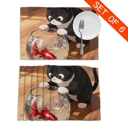Cat Fish Tank Washable Placemats Set of 6-Heat Resistant Dining Table Mats, Non Slip Kitchen Table Decor