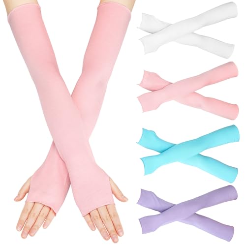 Meanplan 4 Pair Fingerless Sun Protection Gloves UV Arm Sleeves with Thumb Hole for Summer Outdoor Driving Football Women Men - color: White, Pink, Taro Purple, Sky Blue