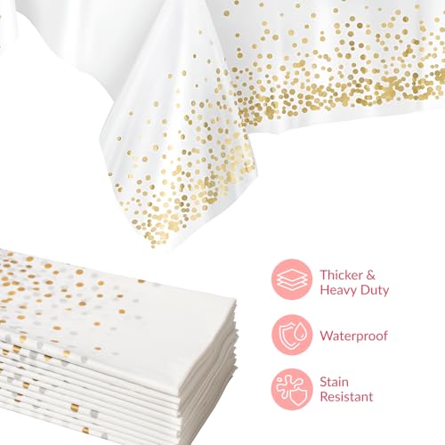 Prestee 12-Pack White and Gold Tablecloth - 54x108 Inch - Disposable Table Covers for Party, Weddings, and Holidays - Waterproof Christmas Tablecloth, Stain-Resistant Plastic Table Cover Set - color: White/Gold, size: Rectangle (12 Pack)