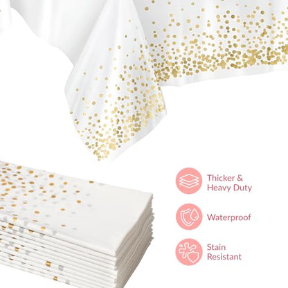 Prestee 12-Pack White and Gold Tablecloth - 54x108 Inch - Disposable Table Covers for Party, Weddings, and Holidays - Waterproof Christmas Tablecloth, Stain-Resistant Plastic Table Cover Set - color: White/Gold, size: Rectangle (12 Pack)