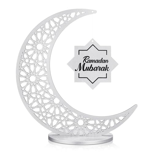DoubleFill Ramadan Decorations Wooden Ramadan Table Centerpiece Mubarak Sign Eid Decoration Islamic Home Decor Crescent Moon Hollow Star Ornament for Islamic Gifts(Silver) - color: Silver