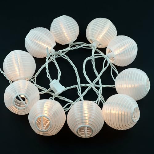 HOSY 10-Pack Red 3-in Lanterns, 11 ft White Wire Plug-in UL String Lights | Self-assembly Required, Nylon Fabric, 3-in Diameter, 12-in Spacing, End-to-end Connectable, UL Certified - color: White