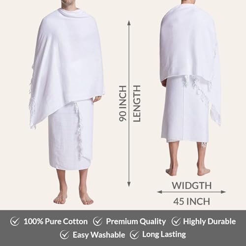 Ihram 세트 Umrah Hajj 남성용 남아용 2피스 타월 세트 면 경량 통기성 Umrah 허리 벨트 타와프 비즈 핀