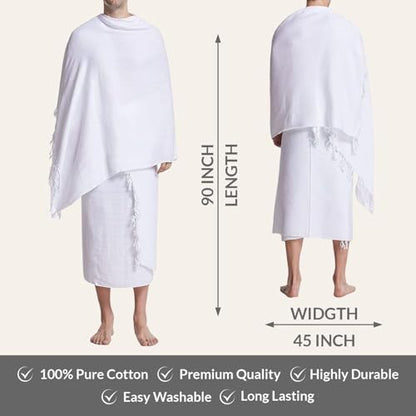 Ihram Set for Umrah Hajj Mens Boys 2 Piece Towels Set Cotton Lightweight Breathable Umrah Waist Belt Tawaf Beads Pins