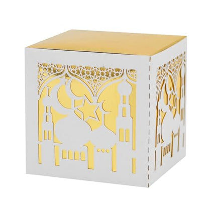 EUBUY 50 Pack Ramadan Treat Boxes, Islam Ramadan Party Candy Boxes, Ramadan Gift Boxes with Ribbons for Muslim Eid Party Supplies, Middle Eastern Festival Favor Boxes - color: silver