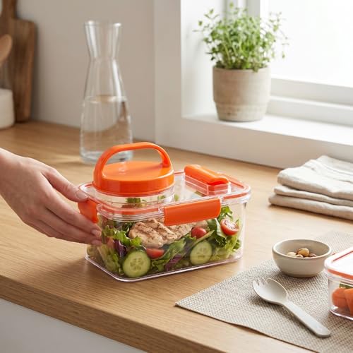 Fockety Salad Container, Portable Leakproof Salad Podd, On the Go Microwave Safe Lunch Box with Dressing Container and Reusable Fork for Office, Work, Travel and Picnic (Orange)
