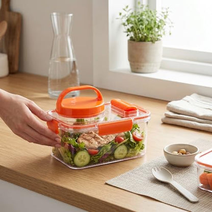 Fockety Salad Container, Portable Leakproof Salad Podd, On the Go Microwave Safe Lunch Box with Dressing Container and Reusable Fork for Office, Work, Travel and Picnic (Orange)
