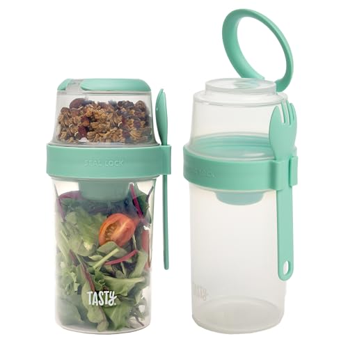Tasty Salad Shakers with Sporks, Bring Salads and Snacks to Go, All-In-One Container, Convenient Carry Handle, Separate Compartments, 2-Pack Set, Aqua