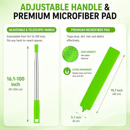 Retractable Gap Dust Cleaner with Extension Pole & 3 Microfiber Cloths | Cleaning Tools with 3 Microfiber Dusting Cloths | Long Handle Duster 30-100'' | Under Refrigerator Furniture Appliance Green - color: Green