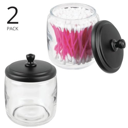 mDesign Small Apothecary Organizer Canister Jars - Glass Containers with Steel Lid for Bathroom, Organization Holder for Vanity, Counter, Hamill Collection - 2 Pack - Clear/Black