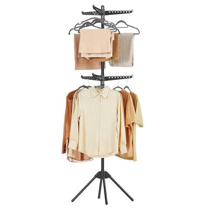 SONGMICS 2단 의류 건조대, 190cm(75.2인치) 접이식 세탁 건조대, 행거용 6개의 회전 가능한 암, 스테인리스 스틸, 옷 54개, 블랙 ULLR514B01 - color: 블랙., style: 2단 행