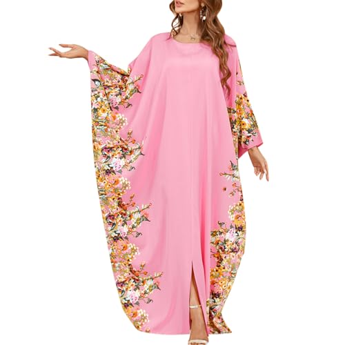 ODIZLI Ramadan Abaya for Women Muslim Batwing Sleeve Floral Print Prayer Dress Dubai Turkey Kaftan - color: Pink