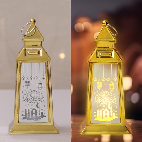 ALIBBON 2 Pcs Ramadan Lantern Small Gold Candle Lantern Decorative Hanging Lanterns Eid Mubarak Lanterns Moon Castle Ramadan Decorations for Home Indoor Outdoor Table Decor
