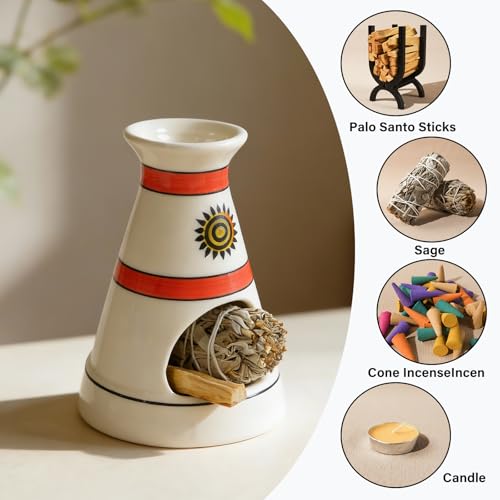 MOUGIGI Handcrafted Sun Totem Ceramic palo santo sticks holder with - Tent-Shape Mini chiminea for Sage, Incense Cones & Smudging Rituals -Thoughtful Gifts for Yoga, Meditation, Ash, Zen, Aromatherapy - color: Pulse Thread Palo