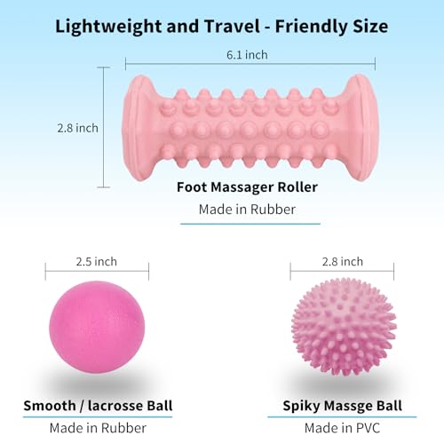 Pink Foot Massager Roller Set for Plantar Fasciitis, Arch&Heel Pain Relief | Includes Foot Roller, lacrosse and spiky massage balls for deep tissue trigger point muscle therapy and neuropathy relief - color: Pink Combination
