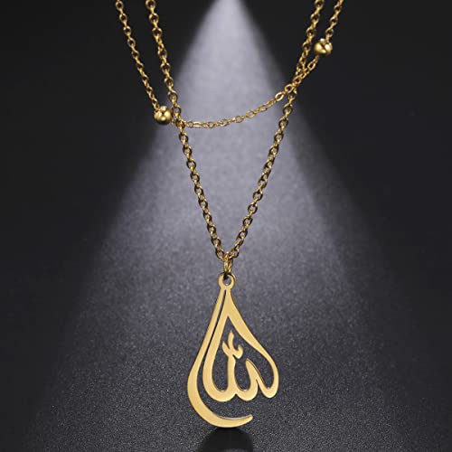 UNIFT Islamic Muslim Allah Layered Necklaces For Women Stainless Steel Charm Water Drop Heart Shape Allah Pendant Double Layer Necklace Islamic Jewelry - color: gold
