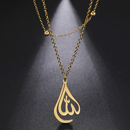 UNIFT Islamic Muslim Allah Layered Necklaces For Women Stainless Steel Charm Water Drop Heart Shape Allah Pendant Double Layer Necklace Islamic Jewelry - color: gold