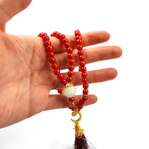BAYKUL Muslim Prayer Beads 99, Islamic Rosary with Silver Allah Muhammad Engraved Tasbih, Zikr Namaz Worship Ramadan Tesbih Bracelet - color: Red Pearl