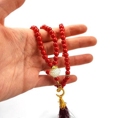 BAYKUL Muslim Prayer Beads 99, Islamic Rosary with Silver Allah Muhammad Engraved Tasbih, Zikr Namaz Worship Ramadan Tesbih Bracelet - color: Red Pearl