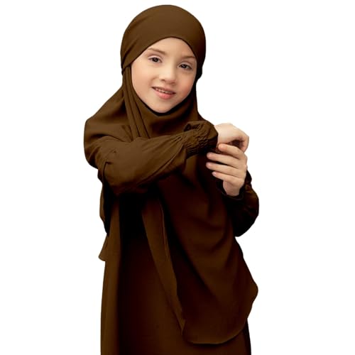 Kids Girls Muslim Abaya Dress Plain Cotton Islamic Prayer Dress with Hijab Toddler Traditional Ramadan Muslim Dresses - color: Coffee, size: 5-6 Years