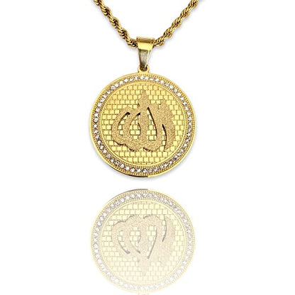 Allah Pendant Necklace – 14k Gold Finish Iced Round Islamic Charm with 3mm Rope Chain, Stainless Steel Muslim Jewelry for Men & Women
