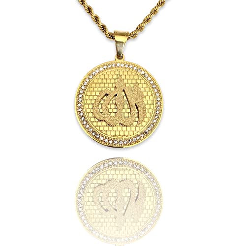 Allah Pendant Necklace – 14k Gold Finish Iced Round Islamic Charm with 3mm Rope Chain, Stainless Steel Muslim Jewelry for Men & Women