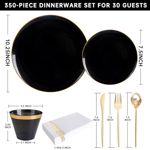 MirthMood 350Pcs Black and Gold Disposable Plates,Black Plates, Black and Gold Plates Include 30 Dinner,Dessert Plate,30 Cup&30 Napkins, 90 Gold Silverware for Wedding & Party & Birthday - color: Black, size: 350