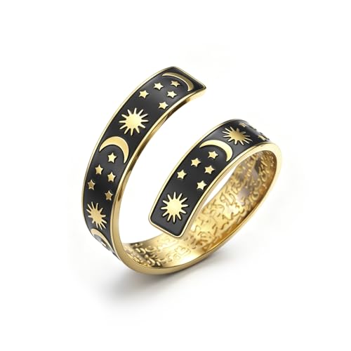 Dreamtimes Islamic Ayatul Kursi Arabic Calligraphy Ring for Men Women Stainless Steel Open Adjustable Band Crescent Moon Ring Star Rings Muslim Religious Jewelry for Eid Mubarak Ramadan - color: Gold