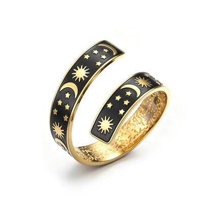 Dreamtimes Islamic Ayatul Kursi Arabic Calligraphy Ring for Men Women Stainless Steel Open Adjustable Band Crescent Moon Ring Star Rings Muslim Religious Jewelry for Eid Mubarak Ramadan - color: Gold