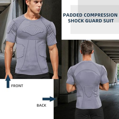 Zicac Men's Sports Shock Rash Guard Compression Padded Shirt Soccer Basketball Protective Gear Chest Rib Guards - color: Grey Padded Shirt, size: Large