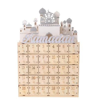 LABRIMP Ramadan Countdown Calendar with 30 Mini Drawers and LED Light - Muslim Eid Festival Party Decoration Wooden Ramadan Advent Calendar for Home Decor