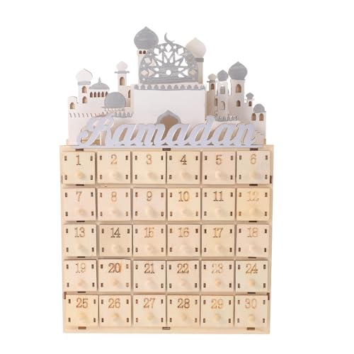 LABRIMP Ramadan Countdown Calendar with 30 Mini Drawers and LED Light - Muslim Eid Festival Party Decoration Wooden Ramadan Advent Calendar for Home Decor