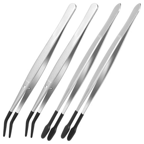 4 Pieces Tweezers with Rubber Tips PVC Rubber Coated Tweezers Rubbers Long Bent Tip Tweezer and Straight Flat Tip Tweezer for Lab Stamp Hobby Jewelry Crafts Feeding (Silver, Black) - color: Black