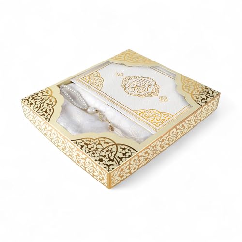 FURKAN Thermo Leather Quran Beige with Prayer Rug and Prayer Beads, Zuhre Gift Box - Cream - color: Beige
