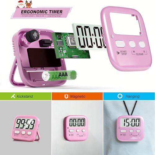 2 Pack Digital Timer for Kids Classroom Kitchen Timers for Cooking | w/ Battery, Easy to View, Alarm, Mute Mode, Count Down/Up, Magnetic, Kickstand, Hanging, Classroom Timer for Teacher Supplies - color: Relaxing Pink